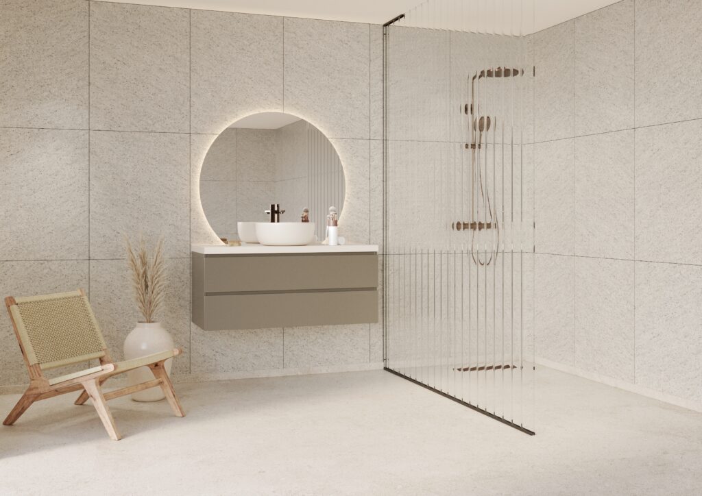 Baderom med Fibo veggsystem i Pebble Granite